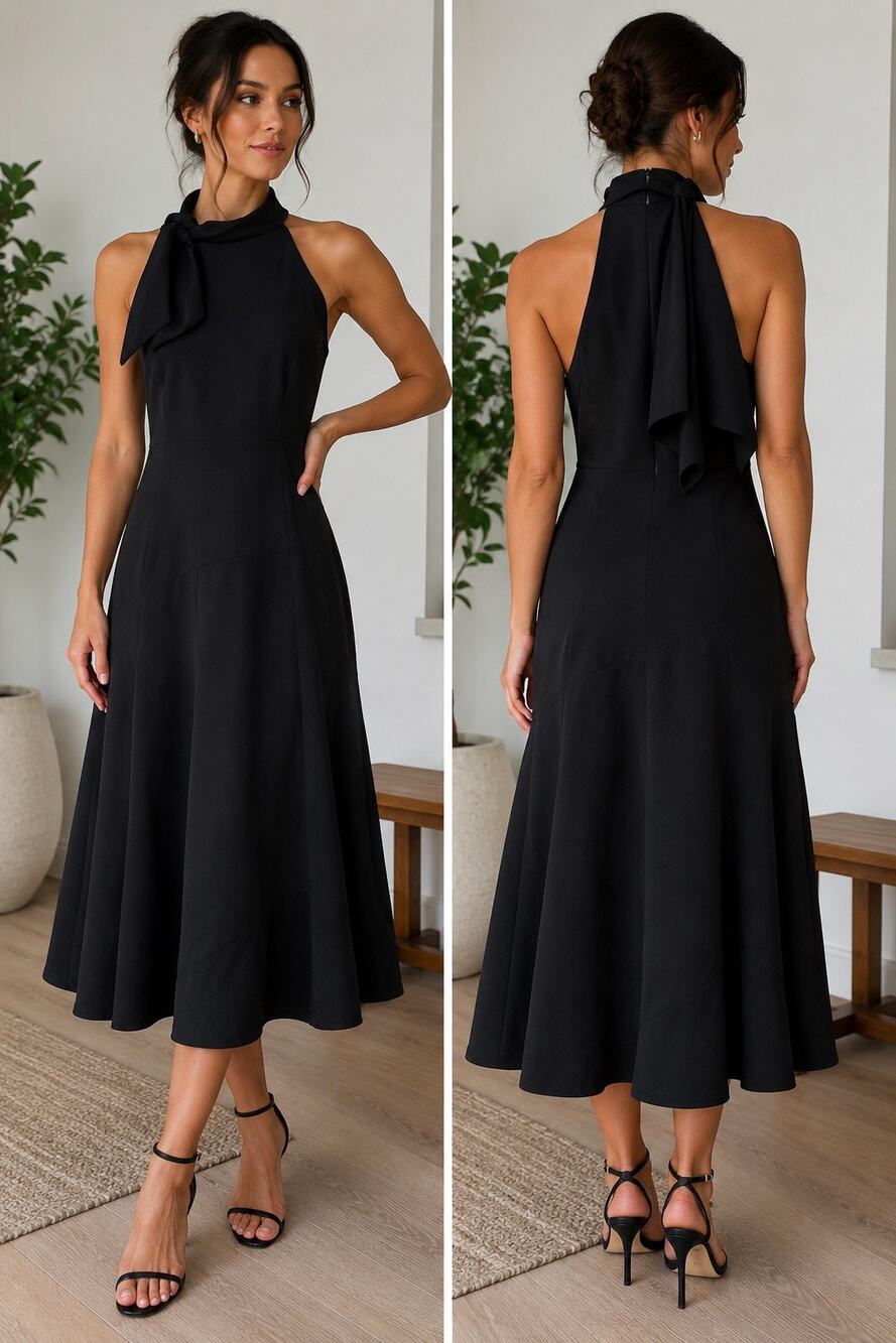 Maggy London Black Halter Bow Midi Dress Size 8 NWT Cocktail Formal LBD